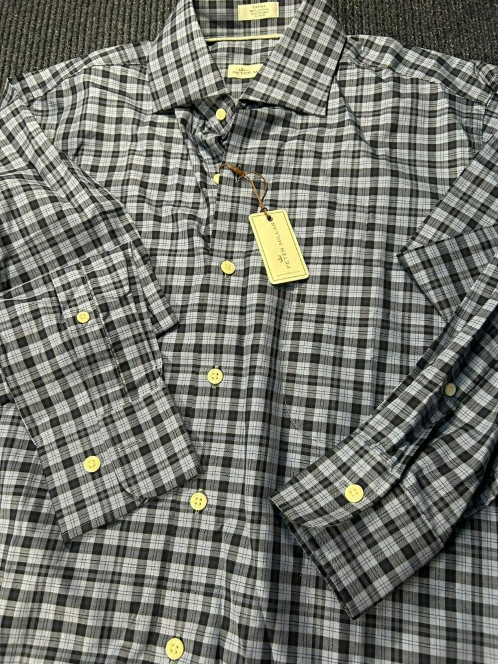 Peter Millar Mens Button-Up Plaid Shirt Black/BlueSmall 100% Cotton Tailored Fi